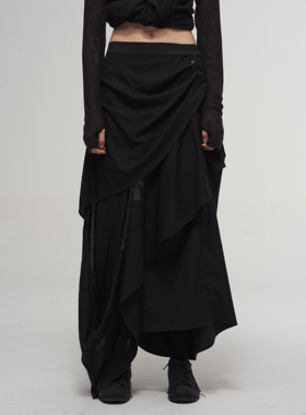 「 凌鸦ILNya 」差池_黑 刀割荡褶裙 桑蚕丝印花飘布不规则半身裙