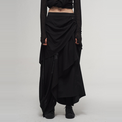 「 凌鸦ILNya 」差池_黑 刀割荡褶裙 桑蚕丝印花飘布不规则半身裙