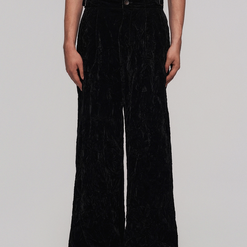 「 凌鸦ILNya 」差池_黑 涟漪高腰打褶裤 丝绒高腰宽松休闲裤