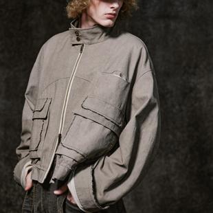 伐檀夹克 」廊_卡其 毛边结构拼接廓形短夹克外套 凌鸦ILNya 「