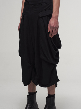 「 凌鸦ILNya 」差池_黑 垂袋中裤 日系侘寂棉麻透气工装七分裤