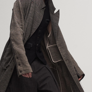 「 凌鸦ILNya 」差池_褐 旧化瀑布风衣 复古慵懒风毛边拼接大衣