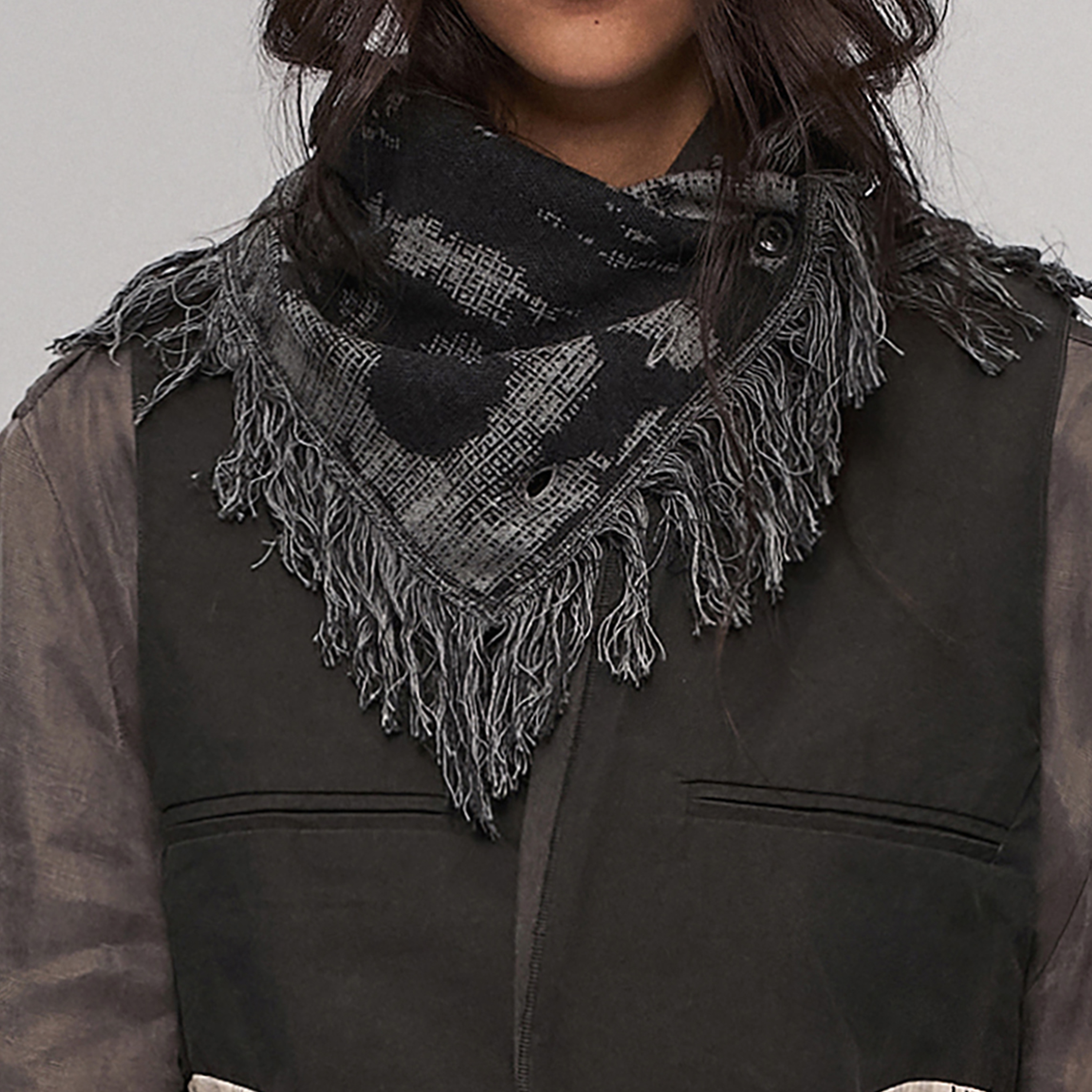 「 凌鸦ILNya 」差池_黑灰 墨斑多态围脖 拼色纯棉流苏围巾披肩