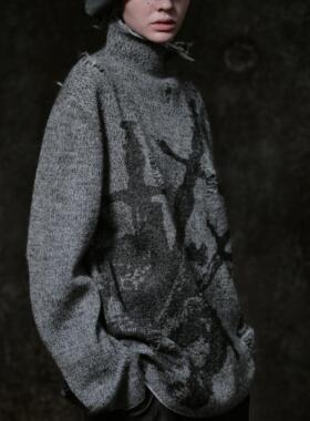 「 凌鸦ILNya 」廊_黑灰 宝剑双面提花毛衣 羊毛混纺毛针织衫春秋