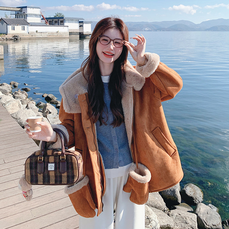 【新品】赠手套加厚连帽驼色皮毛一体172-6868-P195控288,女装派克服,2C056