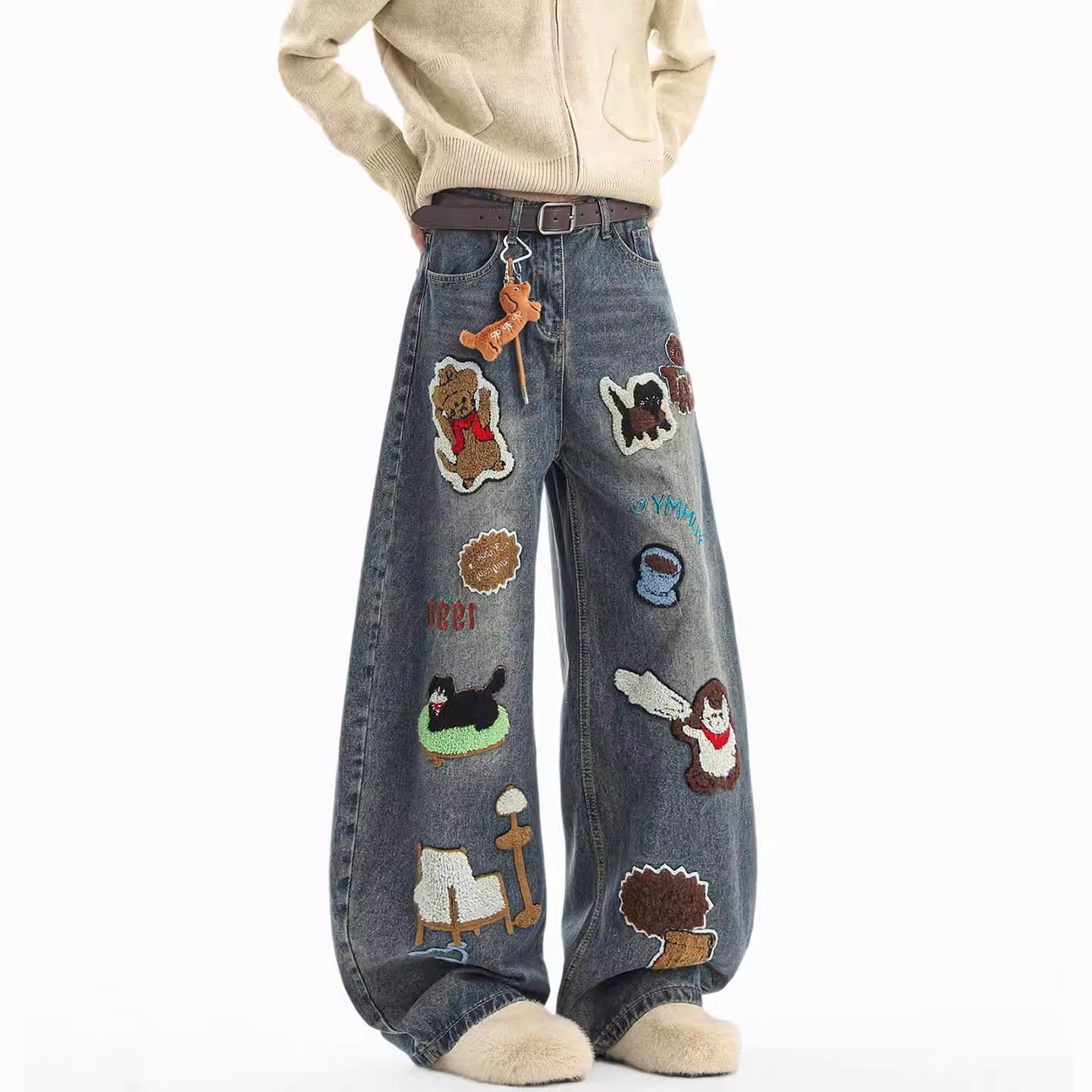 美式复古趣味卡通印花刺绣牛仔裤男设计感小众宽松显瘦直筒阔腿裤,男装,牛仔裤,淘宝优惠券,粉丝福利购,淘宝优惠卷