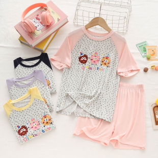 套装 空调服女宝短袖 儿童卡通撞色 莫代尔女童睡衣薄款 夏短袖