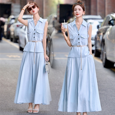 法式气质显瘦连衣裙套装女夏季新款收腰无袖衬衫高腰半身裙两件套