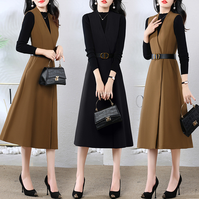 秋季时尚针织套装背心裙子女春秋款流行洋气显瘦打底两件套连衣裙