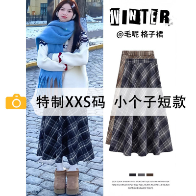 格子半裙女小个子毛呢半身裙显高