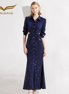 创意狐2025新款小众气质晚礼服衬衫领绝美独特晚礼服时尚蓝色礼服