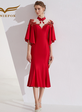 创意狐高端晚宴会红色礼服裙2025新款改良旗袍中长款酒会连衣裙女