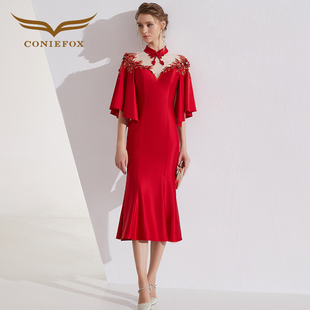 创意狐高端晚宴会红色礼服裙2025新款改良旗袍中长款酒会连衣裙女