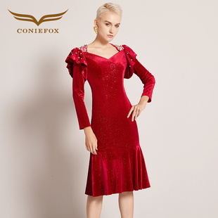 创意狐年会主持人礼服女红色丝绒鱼尾礼服裙子平时可穿派对连衣裙