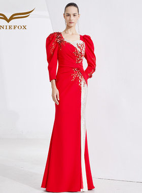 创意狐晚礼服2024新款宴会年会主持人长款礼服轻奢红色演出服长裙