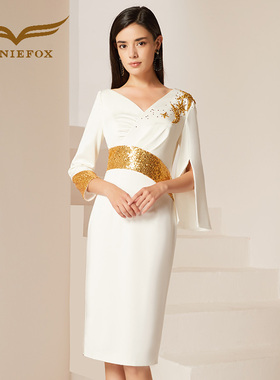 创意狐白色礼服裙平时可穿订婚连衣裙气质秋冬年会主持人礼服短款