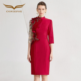 创意狐晚礼服女长袖 旗袍礼服宴会气质敬酒服红色礼服连衣裙 新中式