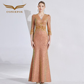 创意狐晚礼服女金色原创高级感珠片V领长款 晚宴会主持人礼服长裙