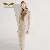 创意狐晚礼服高端轻奢小众金色礼服主持人职场礼服名媛宴会连衣裙
