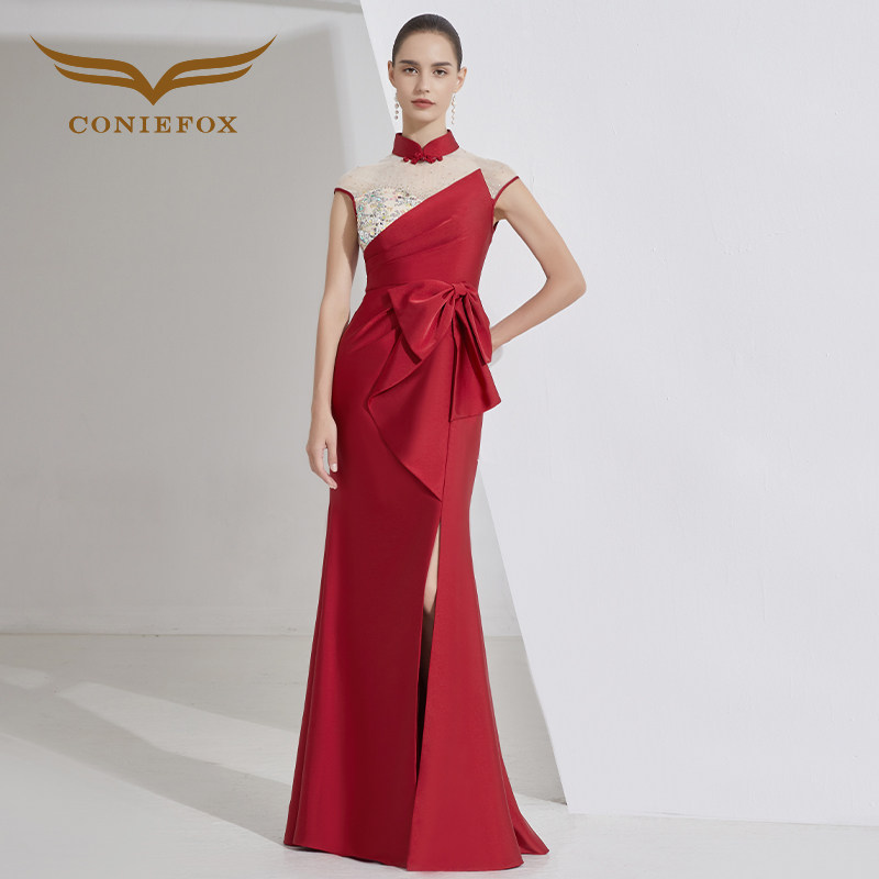 创意狐红色礼服裙高级质感答谢晚宴礼服高端宴会主持人气质演出服