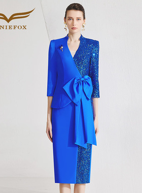 创意狐晚礼服2025新款高级感高端主持人礼服时尚V领亮片蓝色礼服