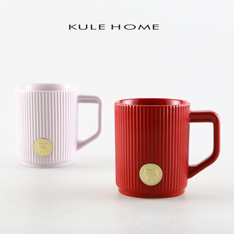 KULE HOME 创意三桃条纹马克杯客厅卧室办公喝水杯情侣咖啡马克杯