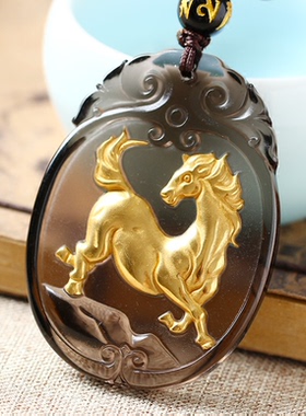 冰种黑曜石镀金马上形状饰品吊坠