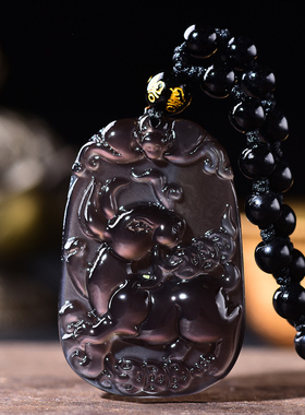 玉兔添福黑曜石生肖吊坠兔形饰物兔子玉兔项链男女款礼品