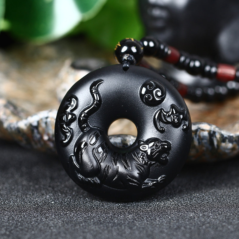 2022年生肖平安扣吊坠虎形福虎拱福禄鸣虎赐瑞黑曜石吊坠项链