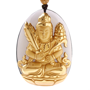 18K黄金黑曜石虚空藏菩萨生肖属牛虎本命佛守护神吊坠项链