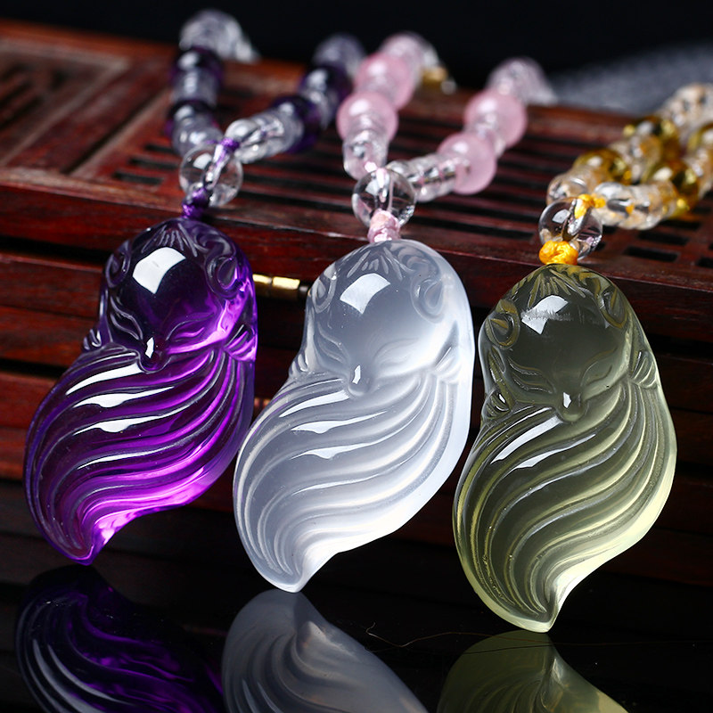 粉晶紫水晶黄水晶小狐狸星元宿烈焰赤狐曼唯情意缘狐项链