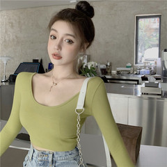 Real shot ultra short low neck tight T-shirt high waist open navel top long sleeve small shirt versatile bottoming shirt