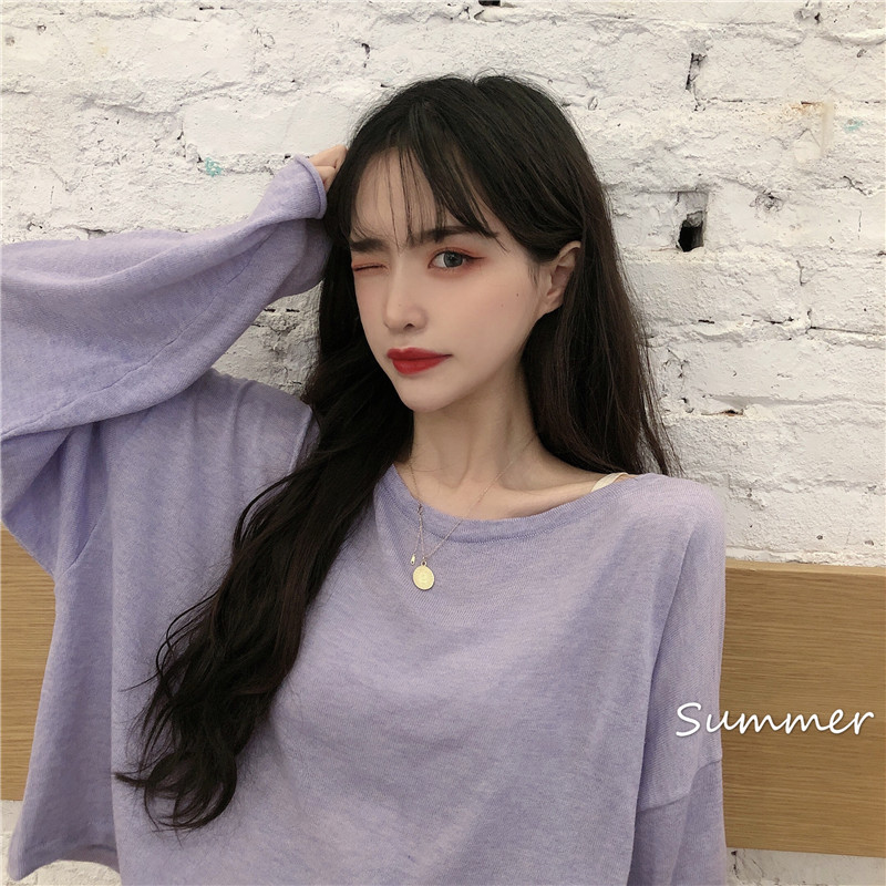 Real shot Korean summer loose bottomed top chic versatile candy color long sleeve sunscreen shirt