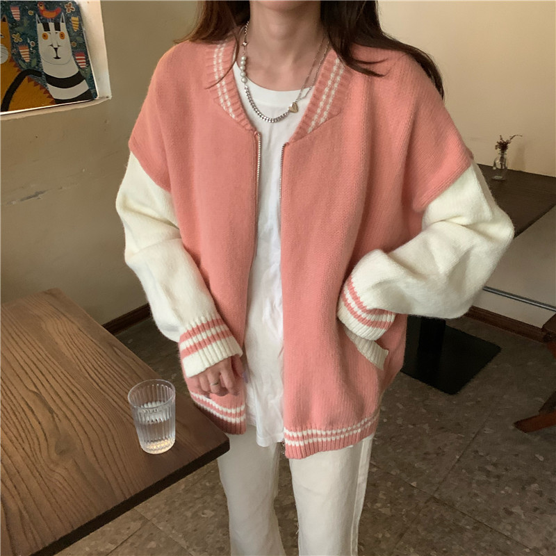 Real shot color contrast baseball knitted cardigan women's winter new loose and lazy sweater fashion