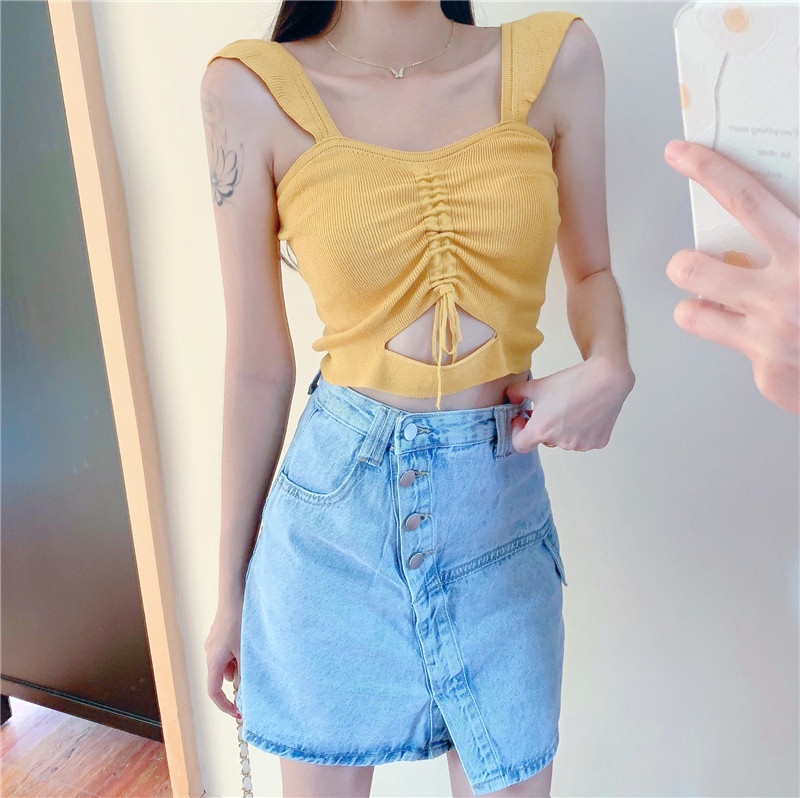 Real photo 2021 new clavicle top knitted hollow sling for women's drawstring pleated top