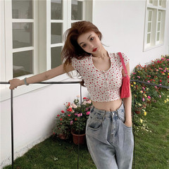 Real picture flower reducing short sleeve T-shirt summer fit short open navel cardigan top female