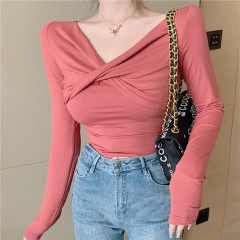 Real shot pure want to kink two wear gentle wind thin T-shirt women slim show thin long sleeve bottoming Shirt Top