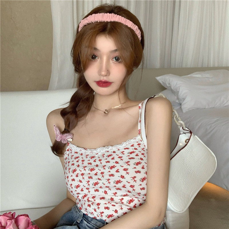 Real shot 2021 spring and summer new floret stitching lace bow sling short vest