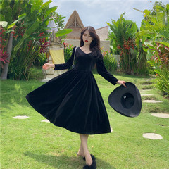 Real shot New Style Black Retro V-neck temperament dress suede slim high waist skirt women's dress