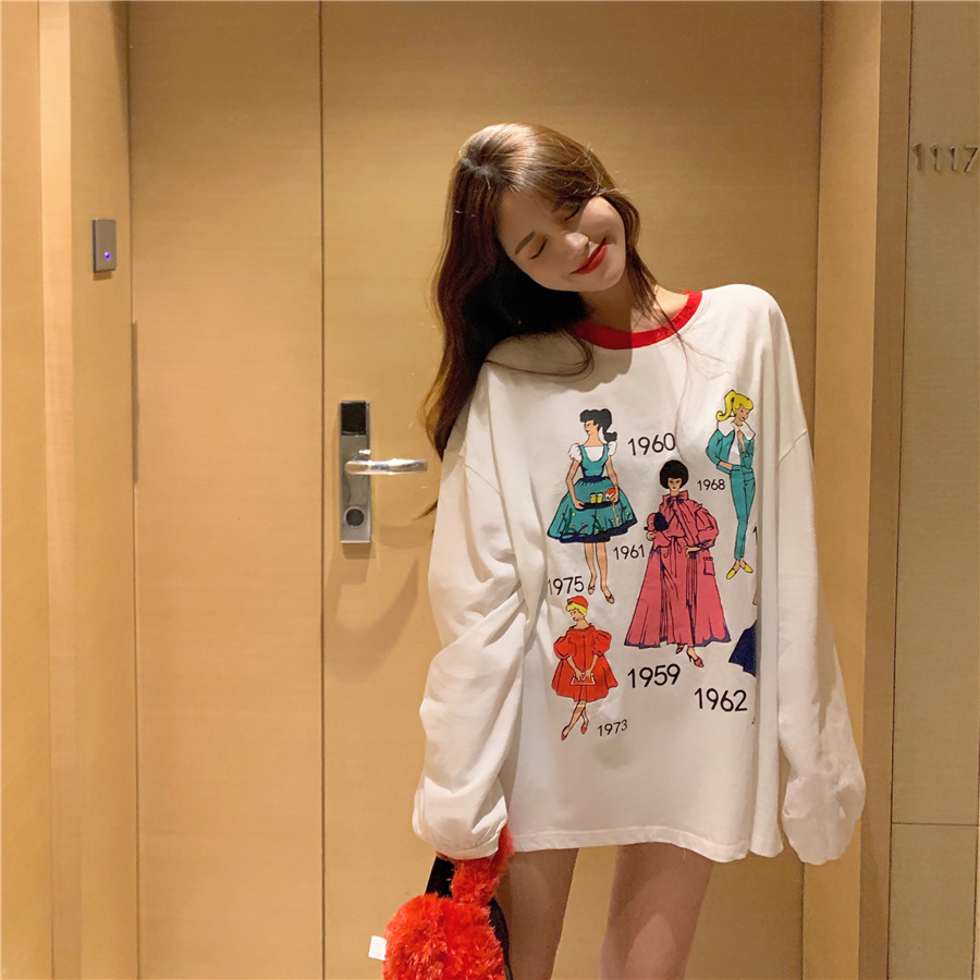 Real shot Lantern Sleeve medium long sleeve T-shirt women's loose 2021 new Korean down shoulder cartoon top