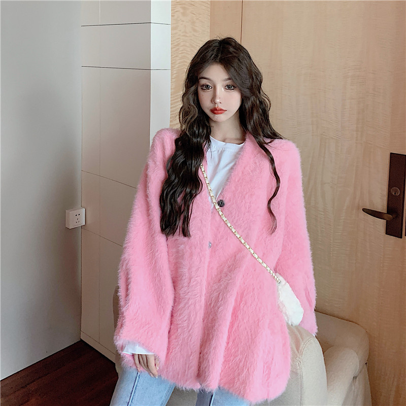 Real shot thickened mink cashmere sweater coat women's cardigan medium length loose outer knitting lazy