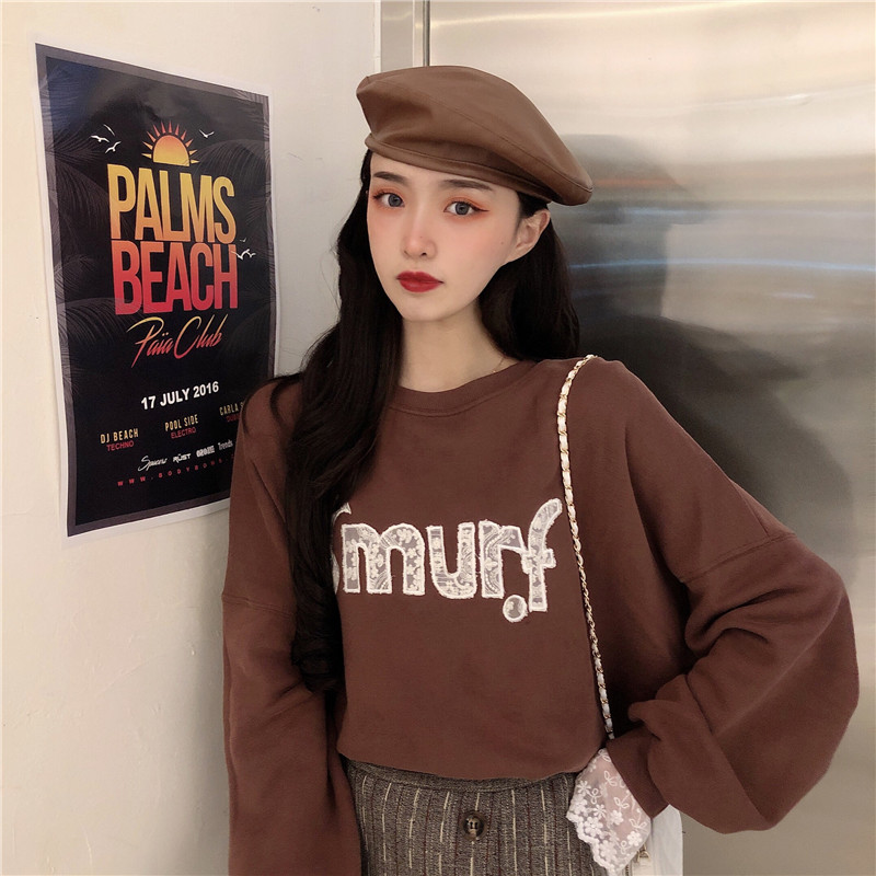 Real shooting autumn winter 2021 Korean version sweet lace letter sweater women's lace cuffs round neck loose top