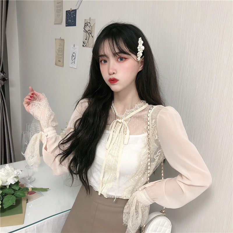 Real shot 2020 autumn new Xianqi floating chiffon shirt bottom trumpet sleeve lace shirt blouse