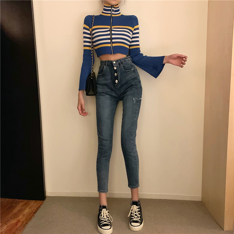 Blue high waisted jeans women's slim 2021 new spring slim elastic tight legged pants