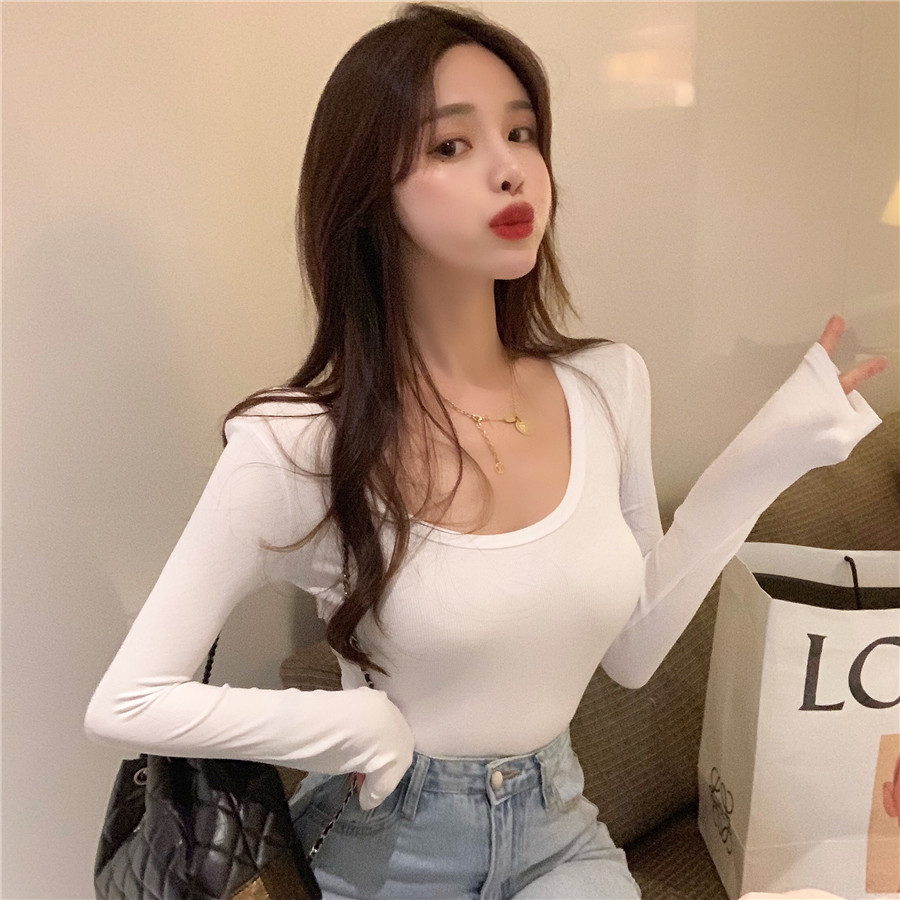 Real shot stretch slim long sleeve T-shirt women's autumn 2020 new top solid color tight show thin bottoming shirt ins fashion