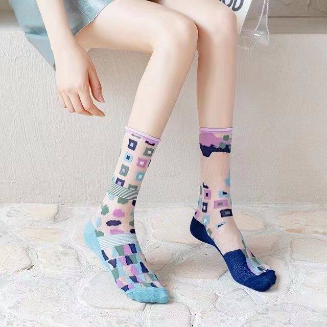 袜子女夏季超薄水晶丝高筒创意复古不对称AB版玻璃丝棉底防臭中筒