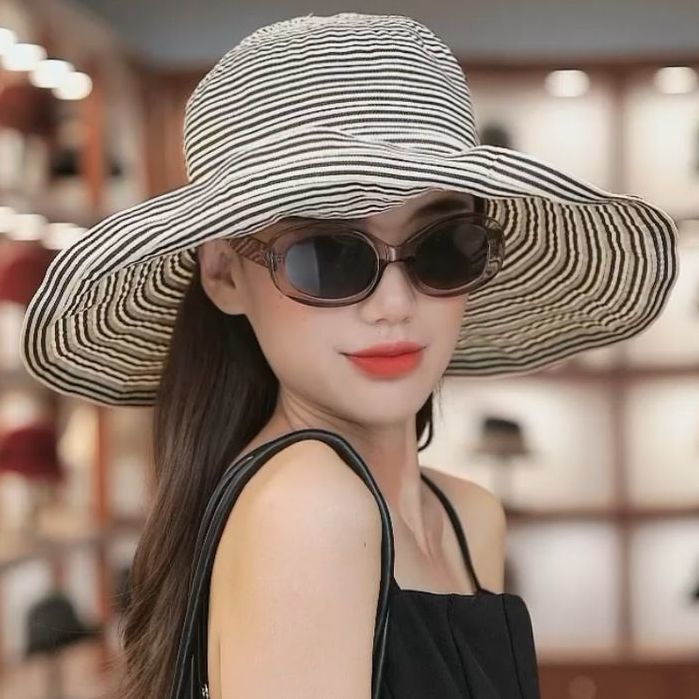 新款沙滩帽女韩版时尚条纹渔夫帽子夏季女户外出游大檐防晒遮阳帽