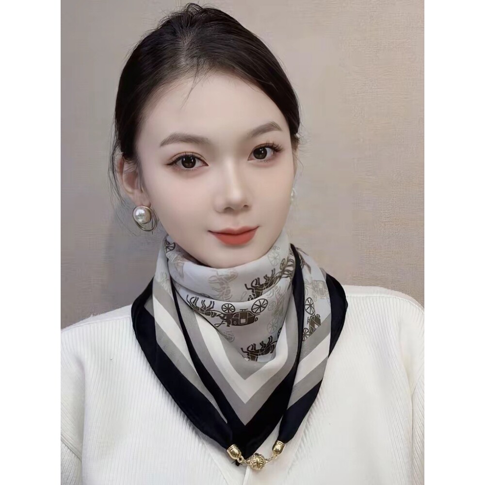 新款磁吸扣棉麻方巾春秋丝巾女时尚高级感围巾方巾护颈围脖