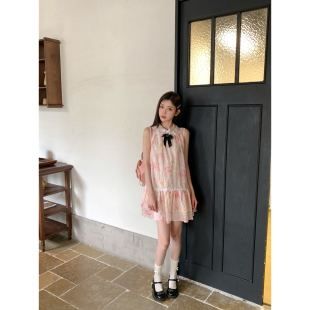 FEI 连衣裙海边度假风绝美挂脖连衣裙 MAO 提花渐变虹印花A字无袖