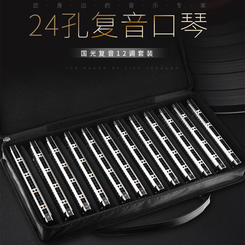 上海国光24孔复音口琴高级成人7调12大调套装男女学生专业演奏级